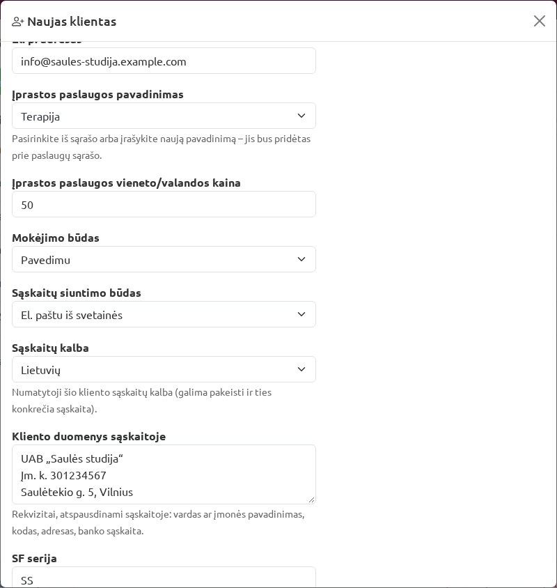 Užpildyta naujo kliento forma