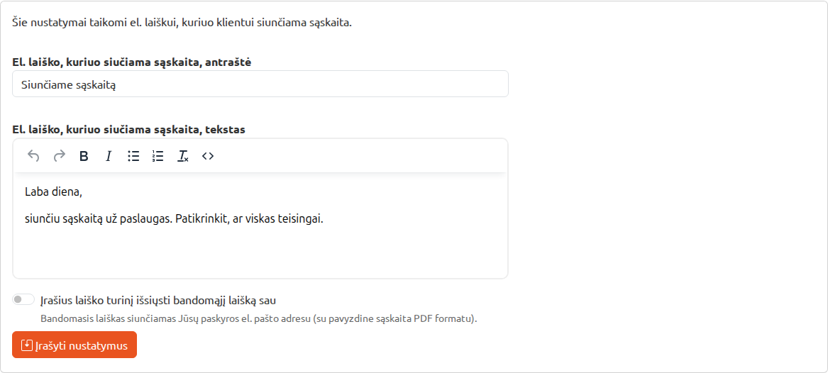 Sąskaitos siuntimo laiško antraštė ir turinys