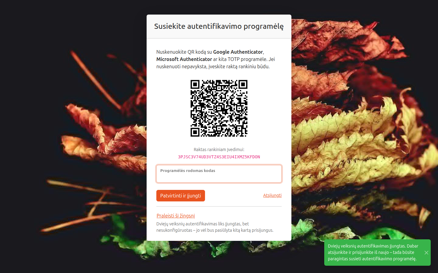 Autentifikavimo programėlės susiejimas