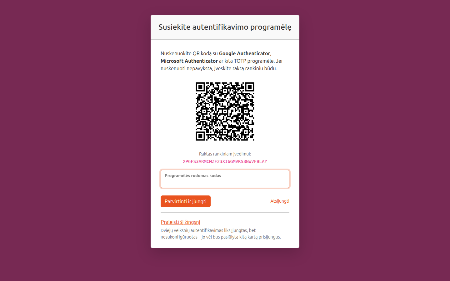 Autentifikavimo programėlės susiejimas
